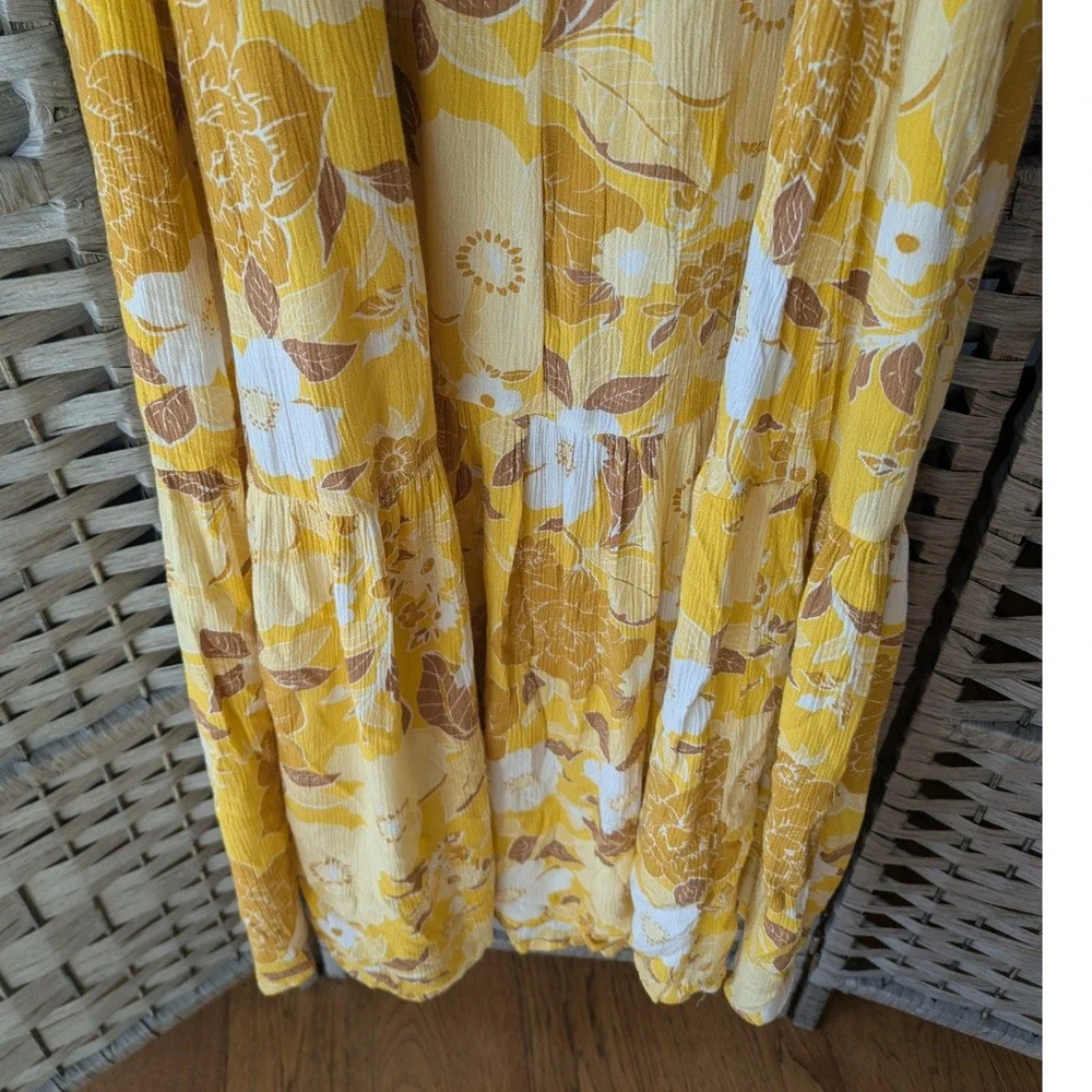 Abercrombie & Fitch Yellow Floral Tie-Strap Tiered Maxi Dress Smocked Boho‎ XS